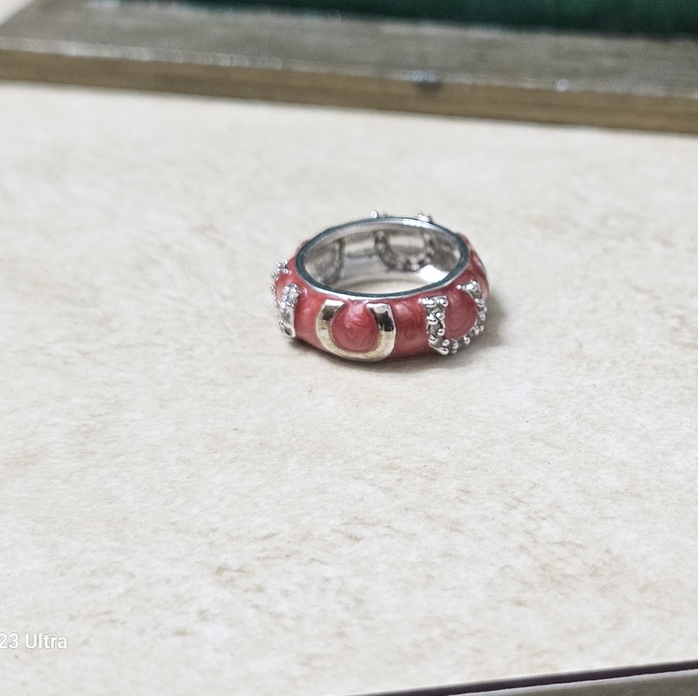 Rhodium Plated Silver & Coral Fashion Ring- NWOT - Picture 2 of 6